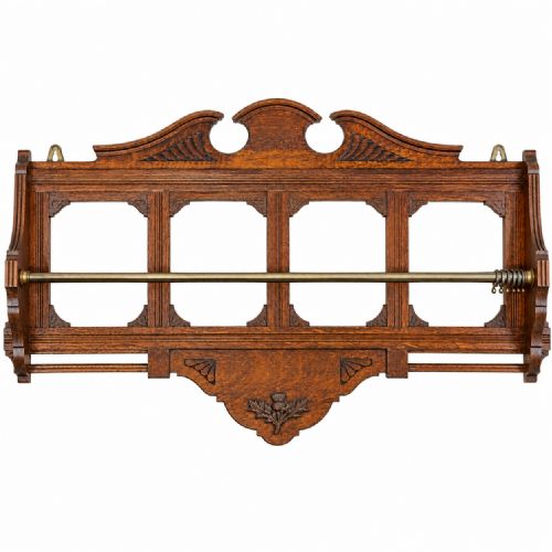 Antique Victorian Carved Oak Wall Rack with Rail
