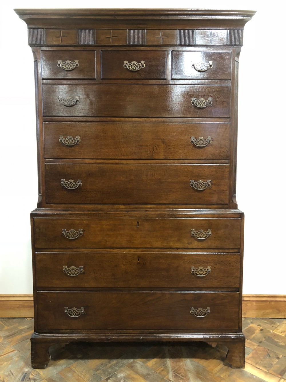 Late 18th Century Welsh Oak Two Stage Tall Boy Chest Upon Chest
