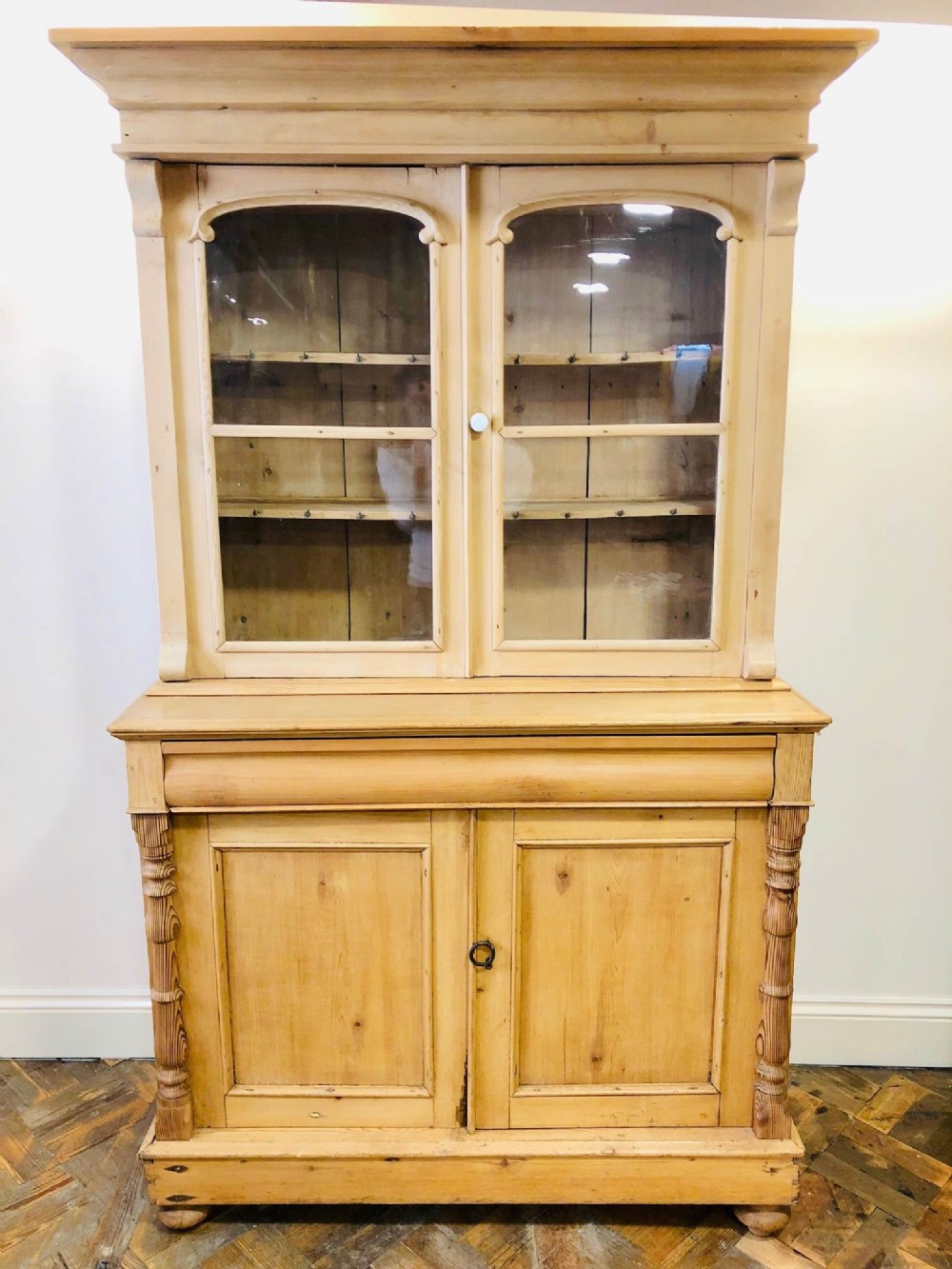  Victorian Pine Two Stage Cabinet or Dresser with Glazed Front 