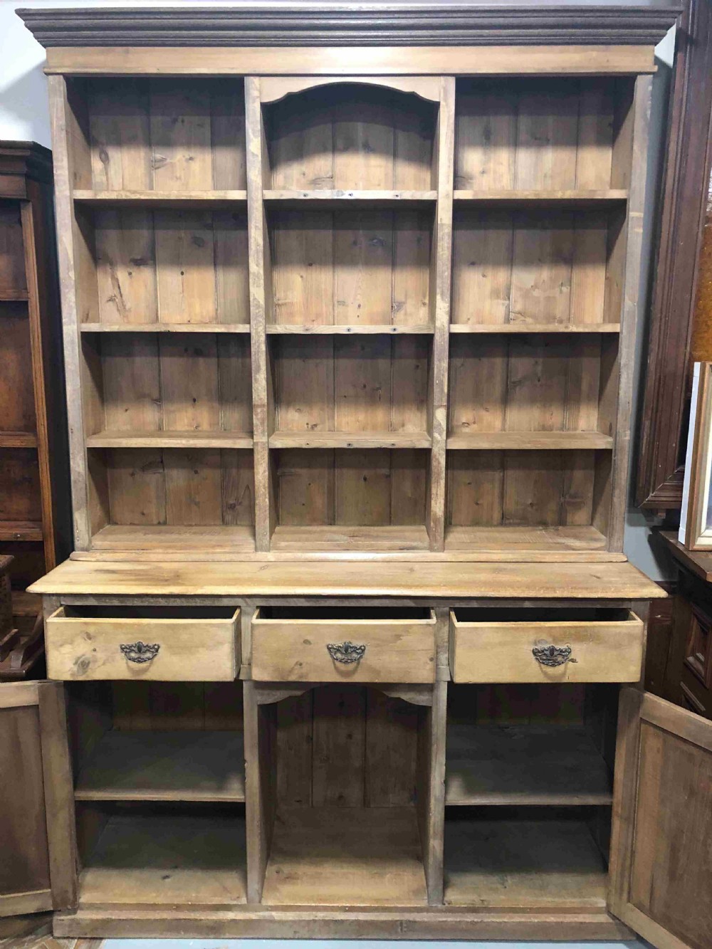  Large Pine Dresser with Cupboard Base and Compartment Rack Top  View II