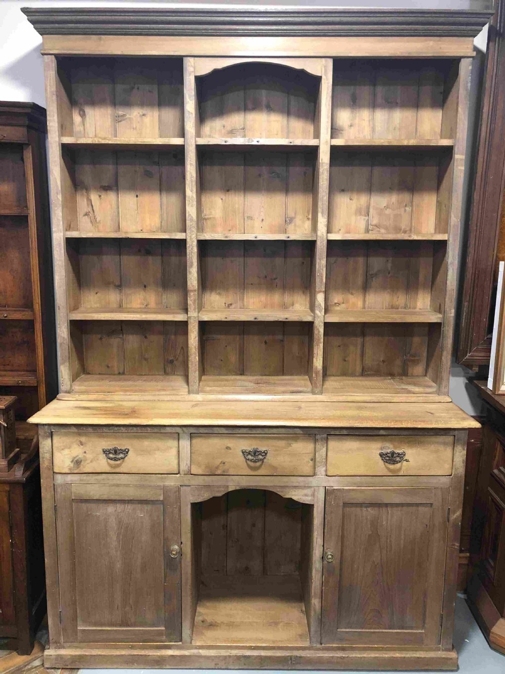  Large Pine Dresser with Cupboard Base and Compartment Rack Top 