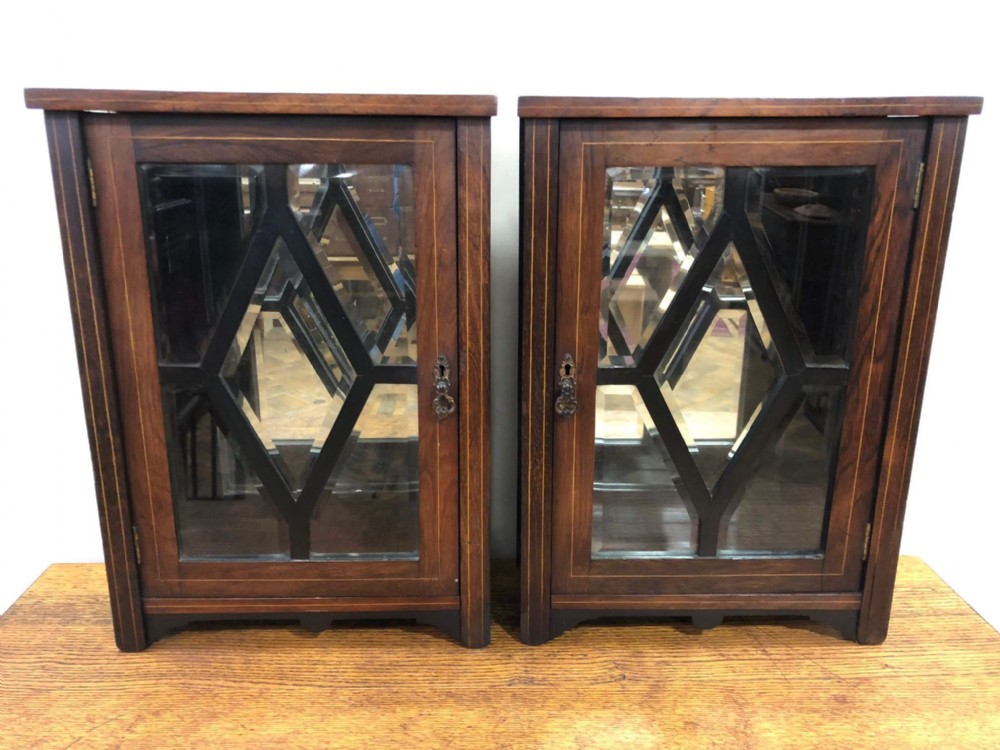 Pair of Edwardian Mahogany Glazed Front Cabinets with Mirrored Backs