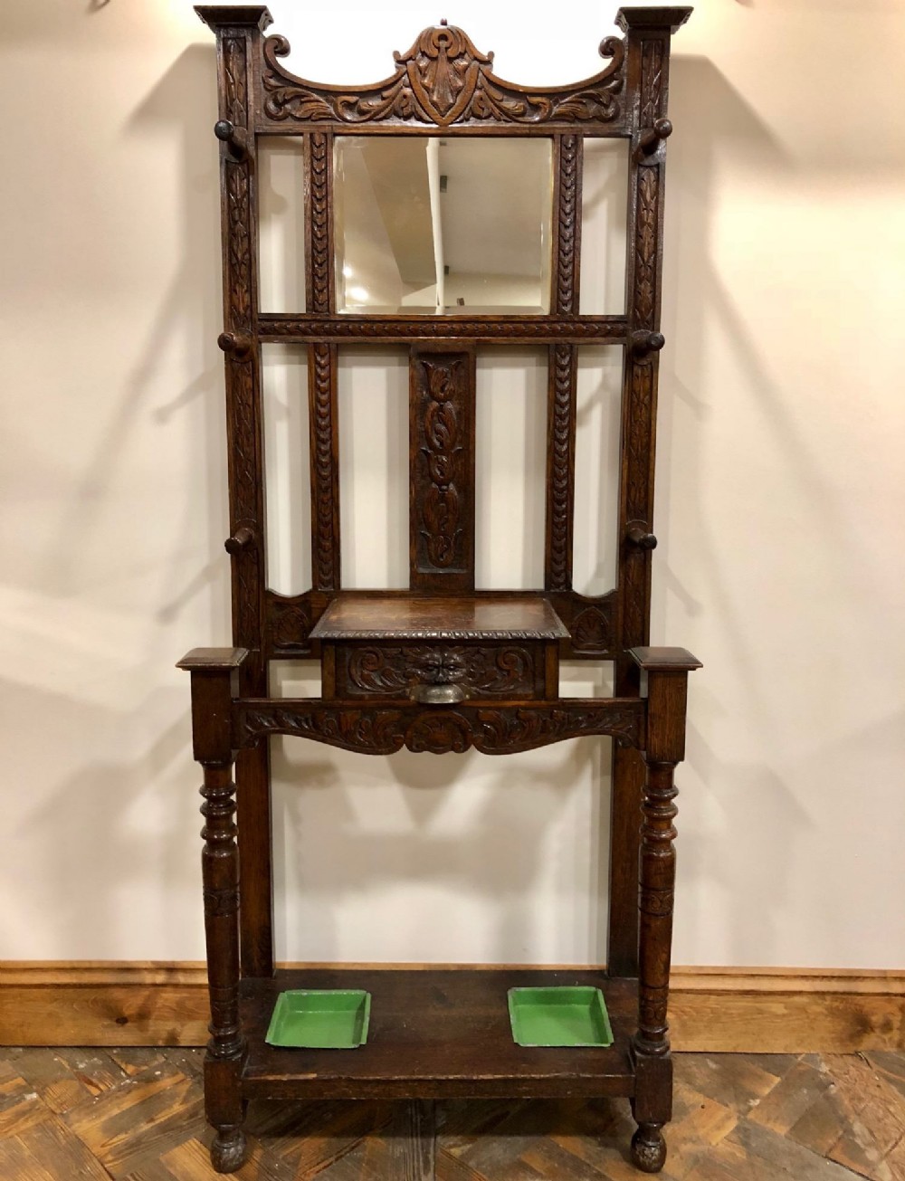  Antique Heavily Carved Gothic Style Oak Hall Stand 