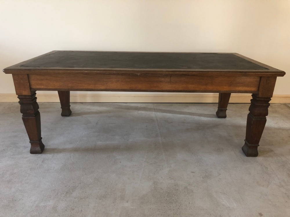  Large Court House Oak Table with Inset Leather Top Dated 1923 