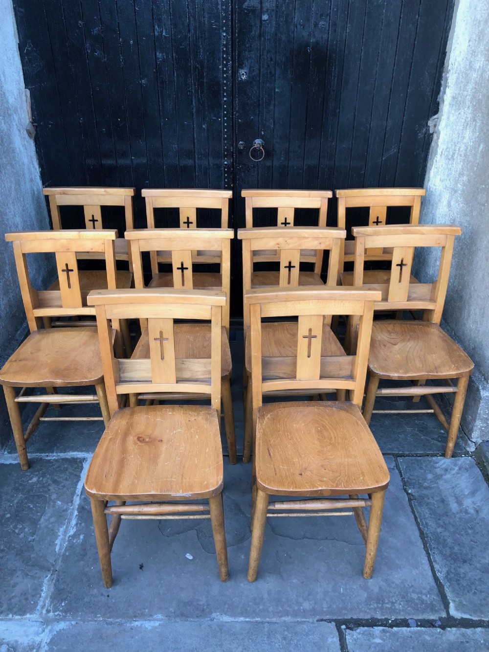  Set of Ten Chapel or Church Chairs with Cross Back and Book Holder 
