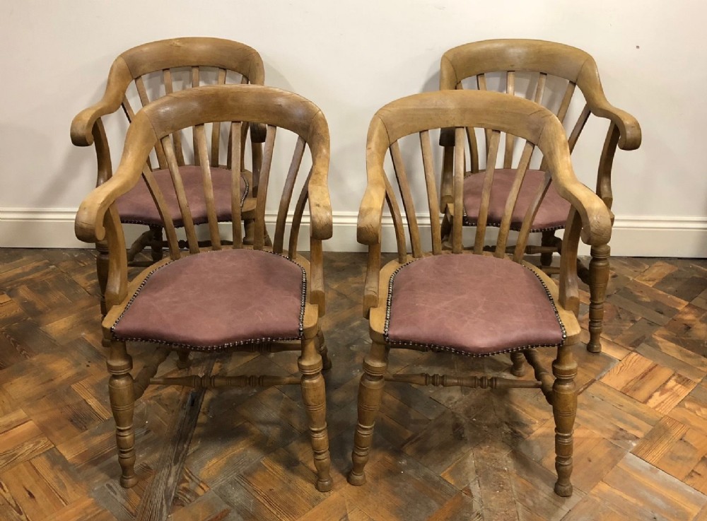 Set of 4 Antique Wooden Bow Armchairs with Leather Seats