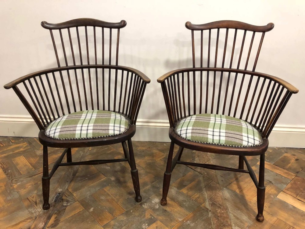 Pair of Spindle Back Windsor Armchairs with Upholstered Seats