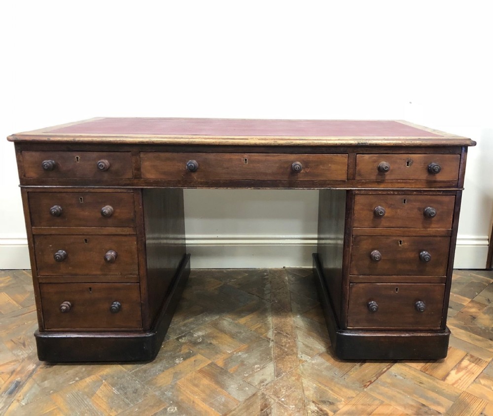 19th Century Twin Pedestal Kneehole Desk with Red Leather Top