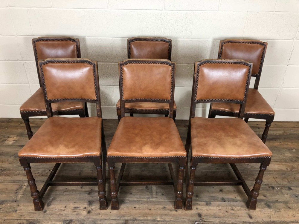 Set of Six Brown Tan Leather Studded Chairs