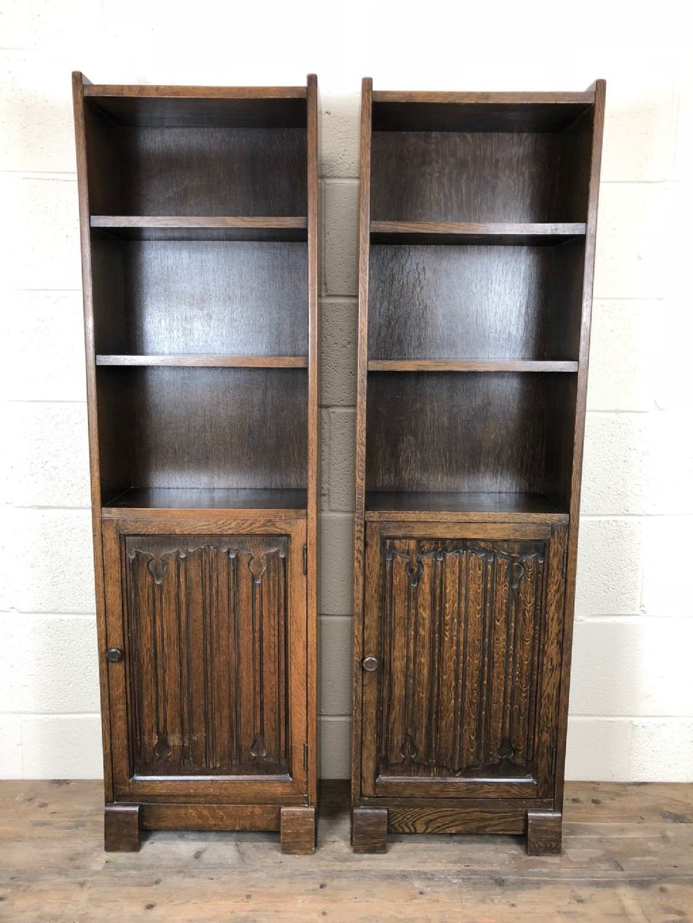Pair of Early 20th Century Solid Oak Slim Bookcases