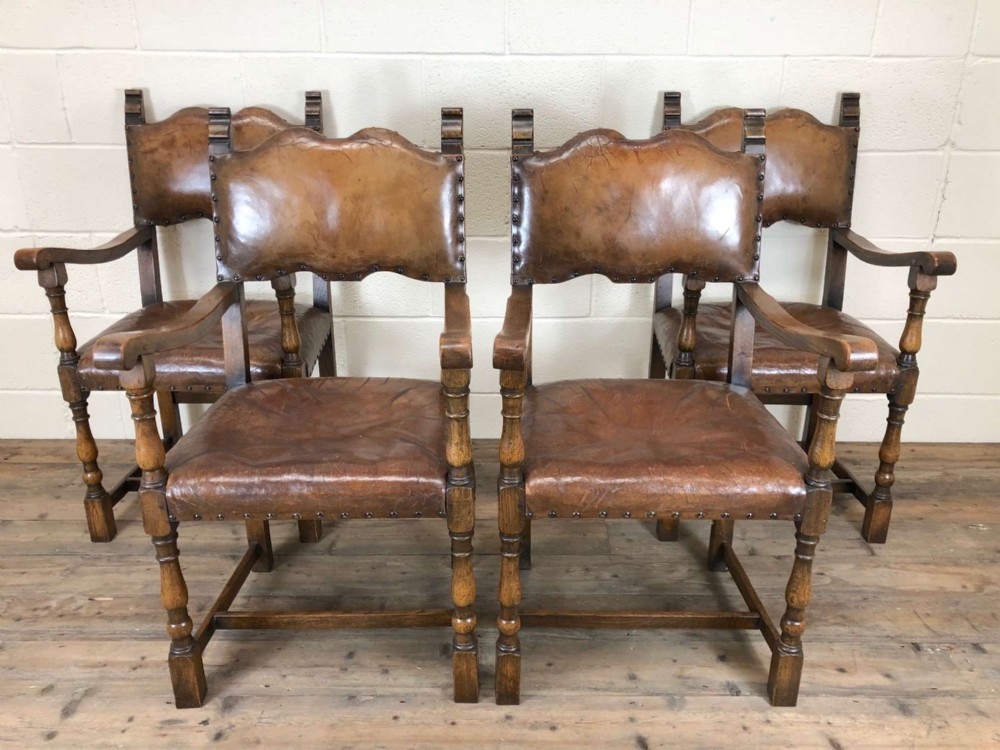 Set of Four Antique Wooden and Leather Armchairs