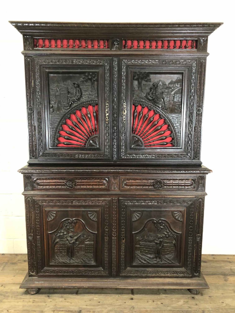 Large Heavily Carved Gothic Style Buffet Deux Corps Dresser
