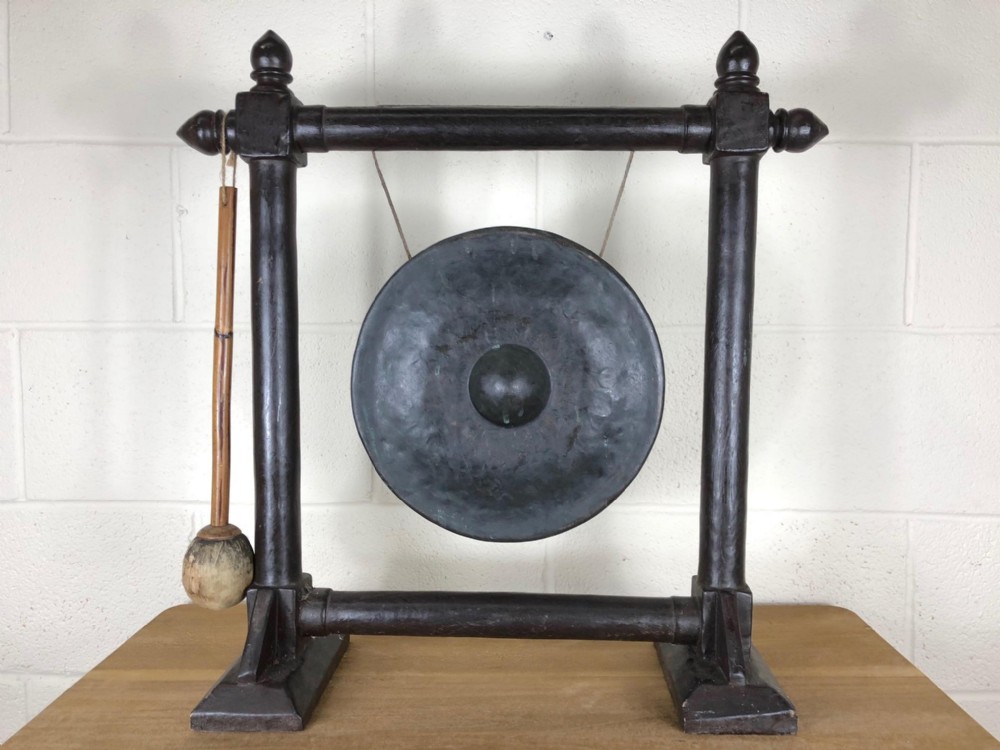 Bronze Table Gong with Hammer on Wooden Frame