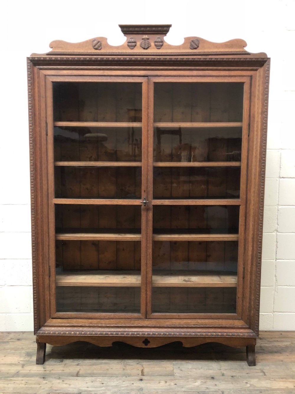 Large Antique Carved Oak Glazed Bookcase