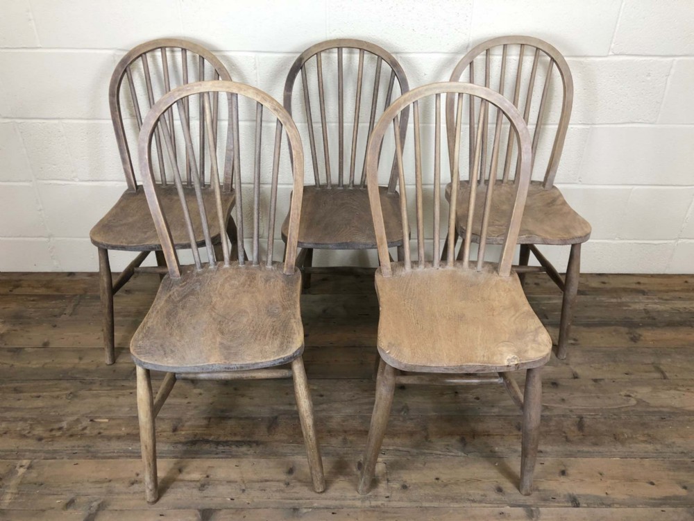 Set of Five 19th Century Ash and Elm Hoop Back Farmhouse Chairs 