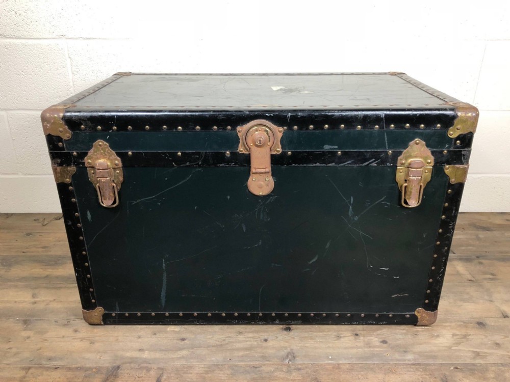 Early 20th Century Brass Bound Black Travelling Trunk