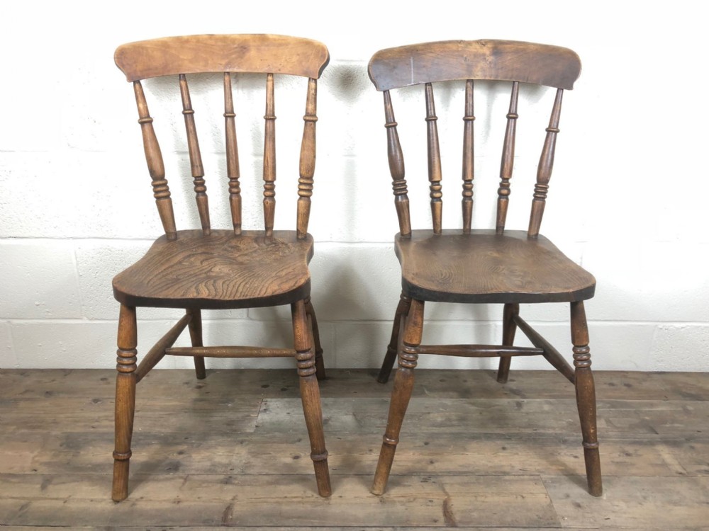 Pair of Antique Ash and Elm Spindle Back Farmhouse Chairs