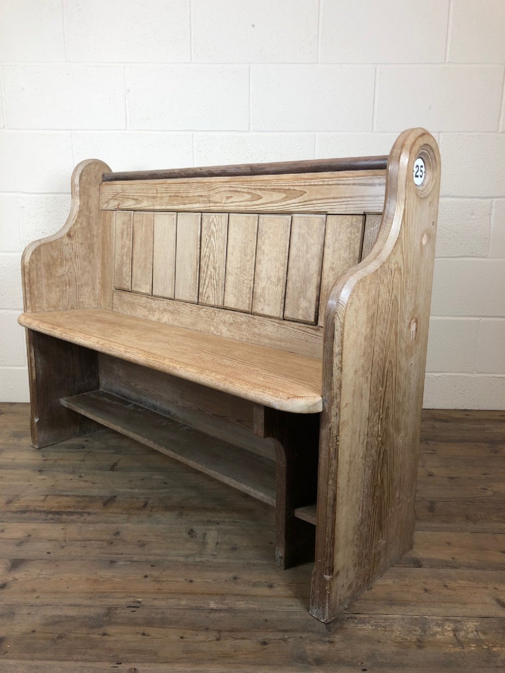 Stripped 4ft Pitch Pine Chapel Pew with Enamel Numbers
