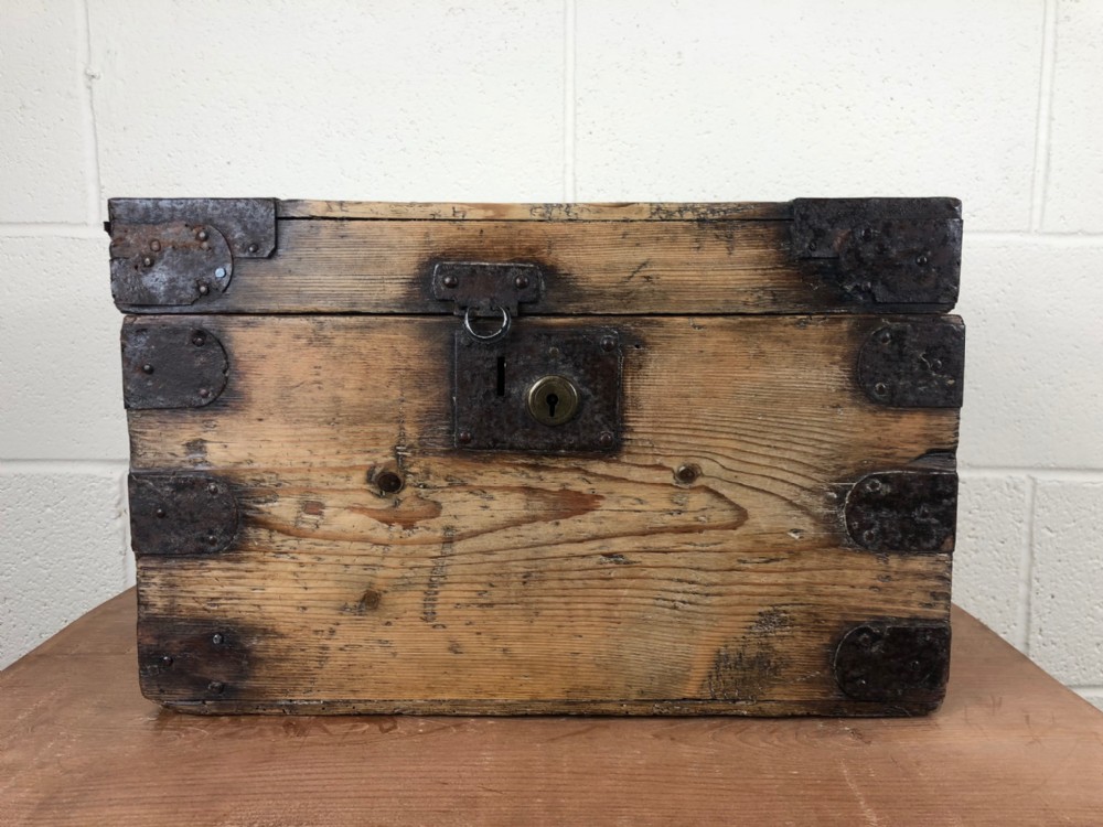 Small Rustic Antique Pine Metal Bound Box