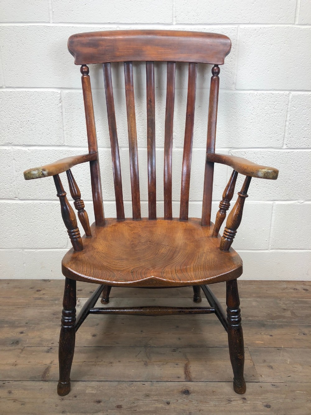 19th Century Ash and Elm Lathe Back Fireside Armchair
