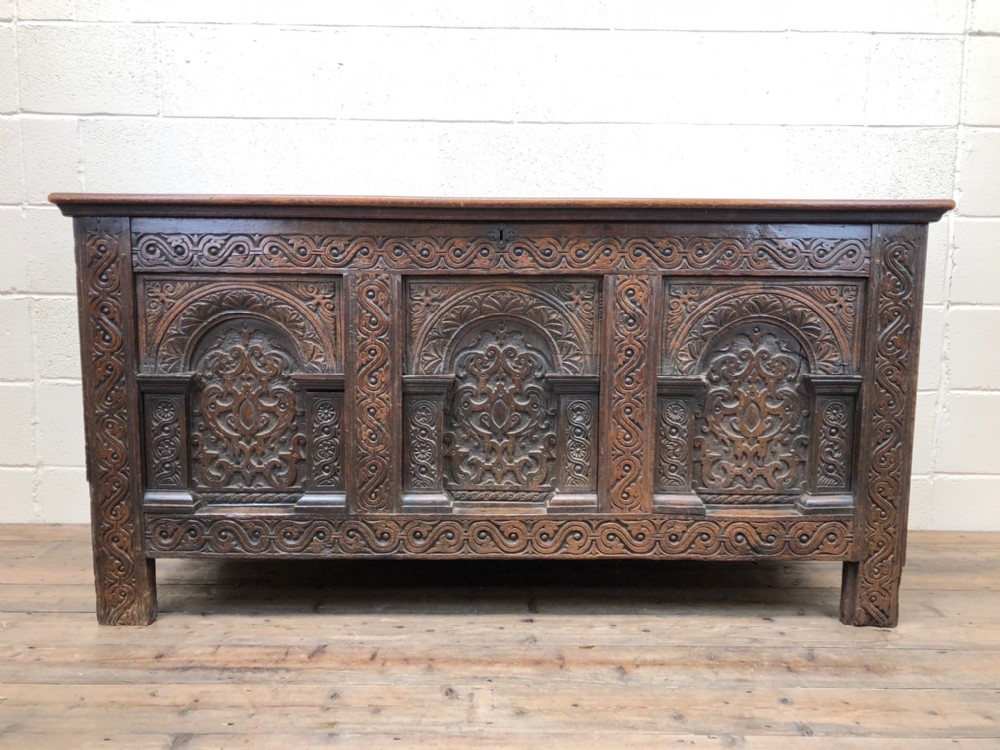 Large and Impressive 17th Century Carved Oak Coffer Chest