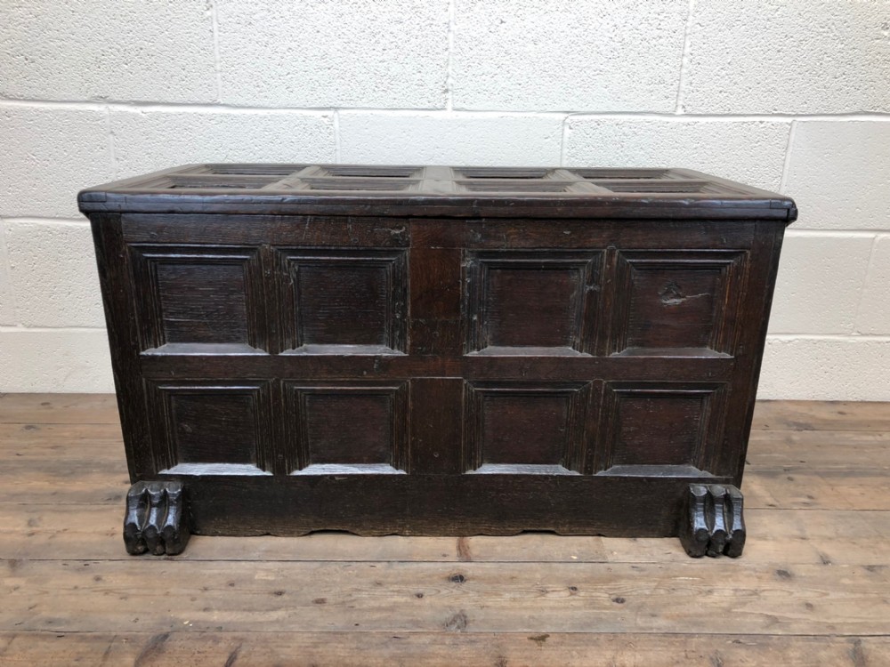 Unusual 17th Century Oak Coffer with Block Paw Feet