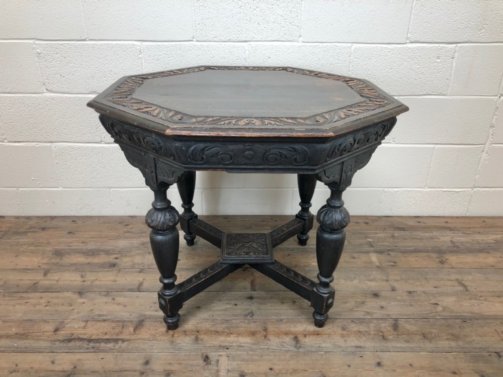 Antique Victorian Carved Oak Octagonal Table