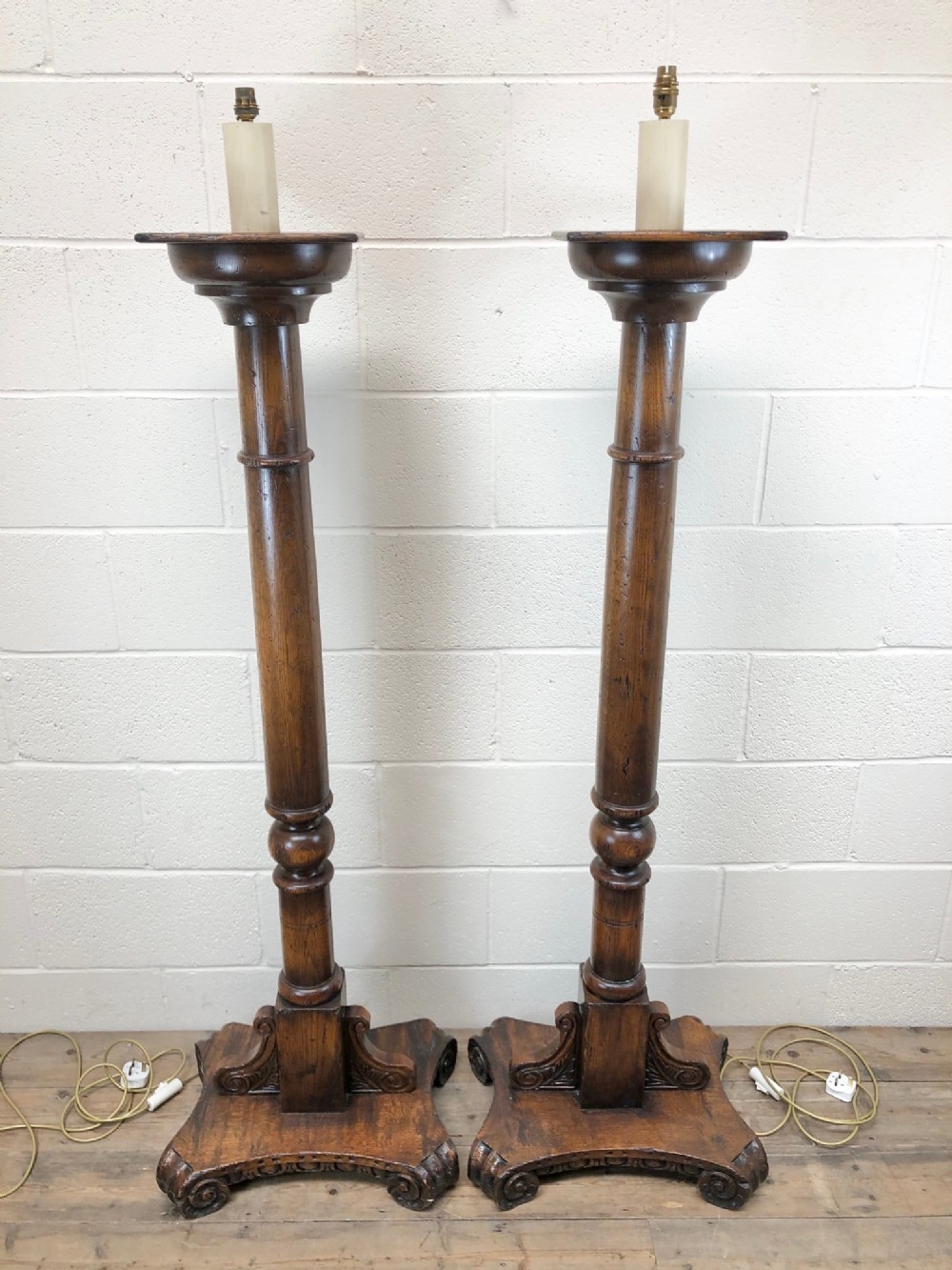 Pair of Early 20th Century Turned Oak Pillar Standard Lamps