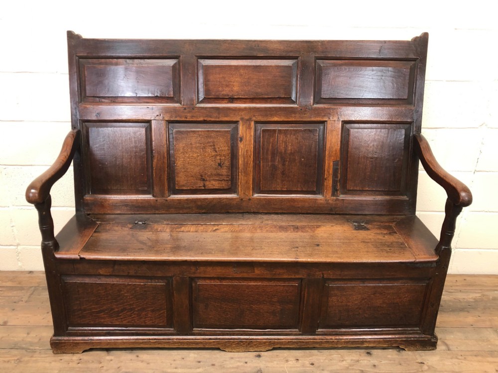 Large Antique 18th Century Oak Panel Back Settle