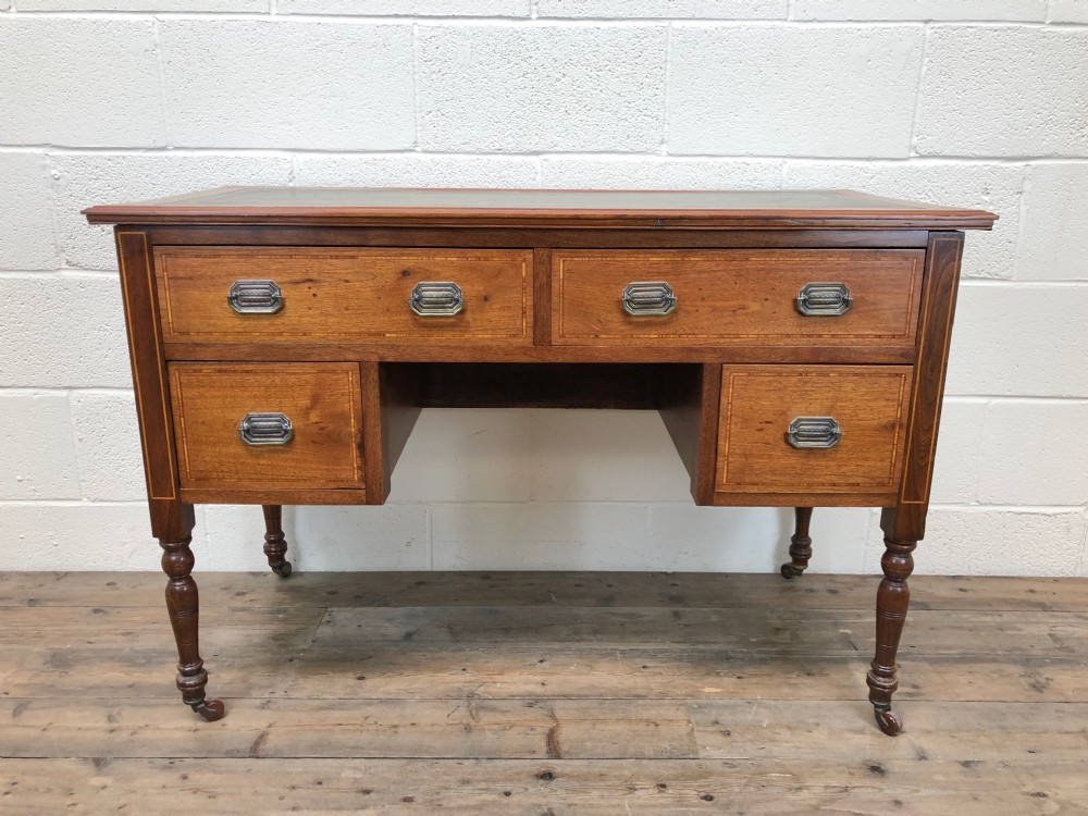 Antique Edwardian Mahogany Inlaid Desk with Leather Top