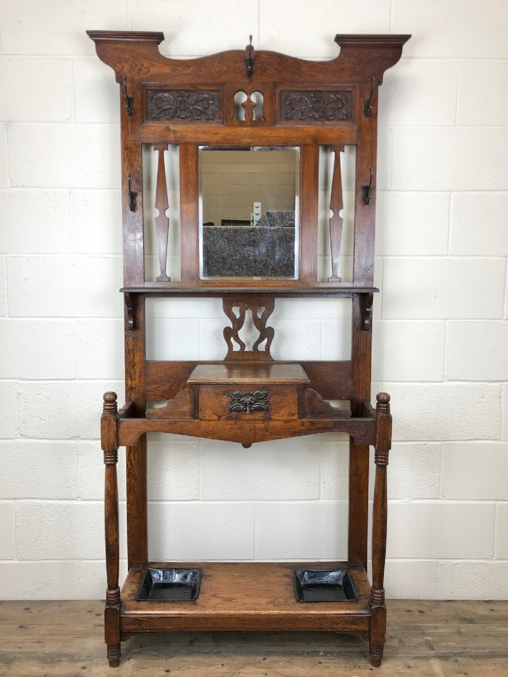 Antique Art Nouveau Oak Hat and Coat Hall Stand