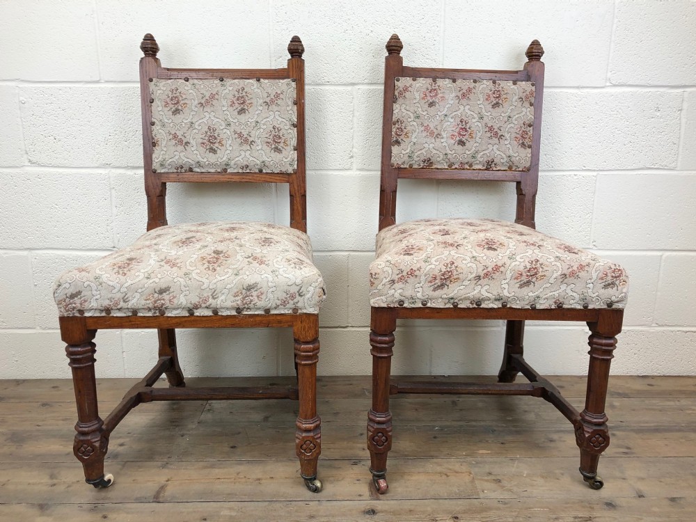 Pair of Gothic Oak Chairs with Floral Upholstery