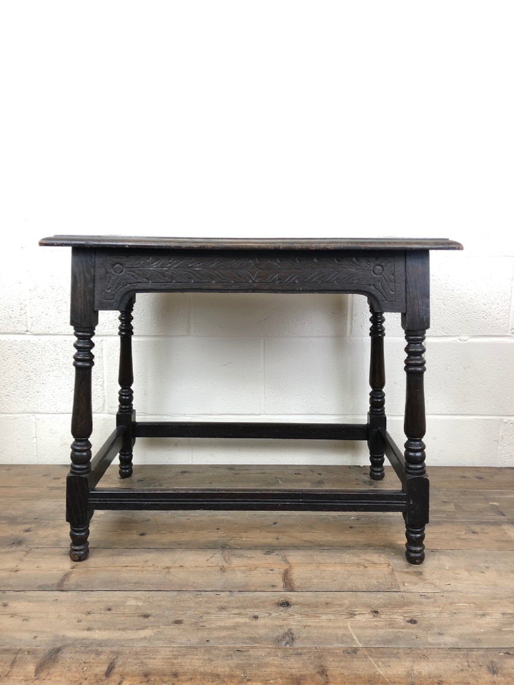 Antique Carved Oak Side Table with Turned Legs