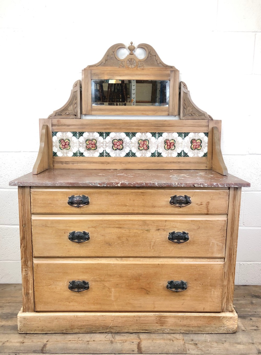 Antique Pine Washstand with Marble Top and Tiled Back
