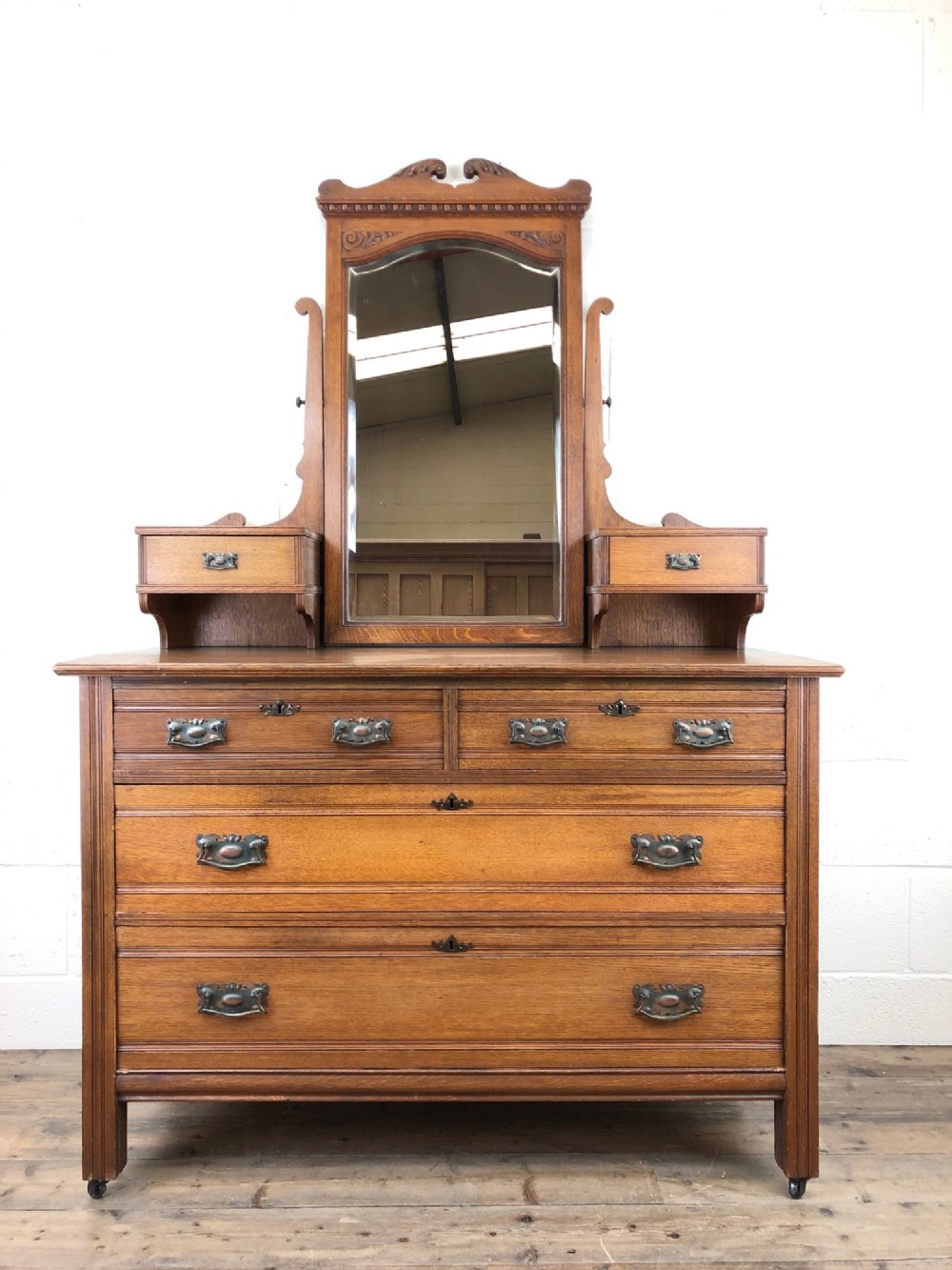 Edwardian Oak Dressing Table Chest with Mirror