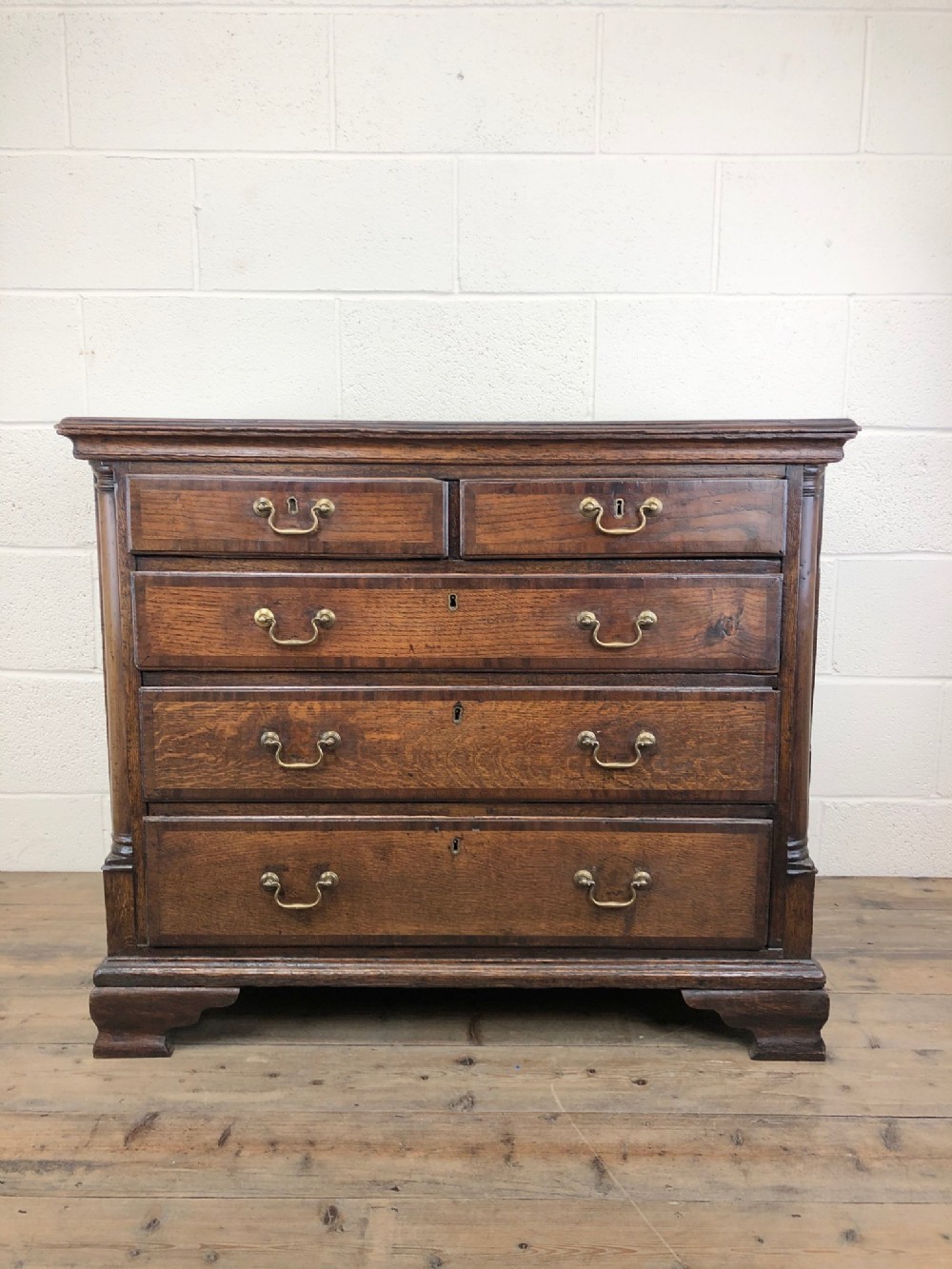 Antique George III Oak and Mahogany Cross Banded Chest of Drawers