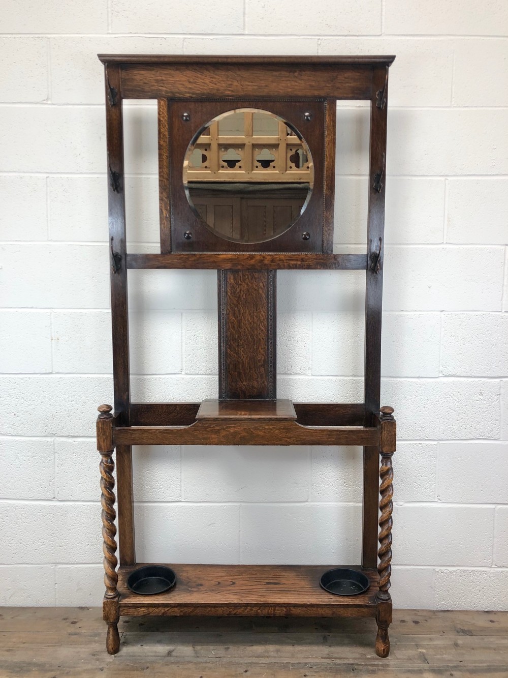 Antique Oak Mirrored Hall Stand with Barley Twist Supports
