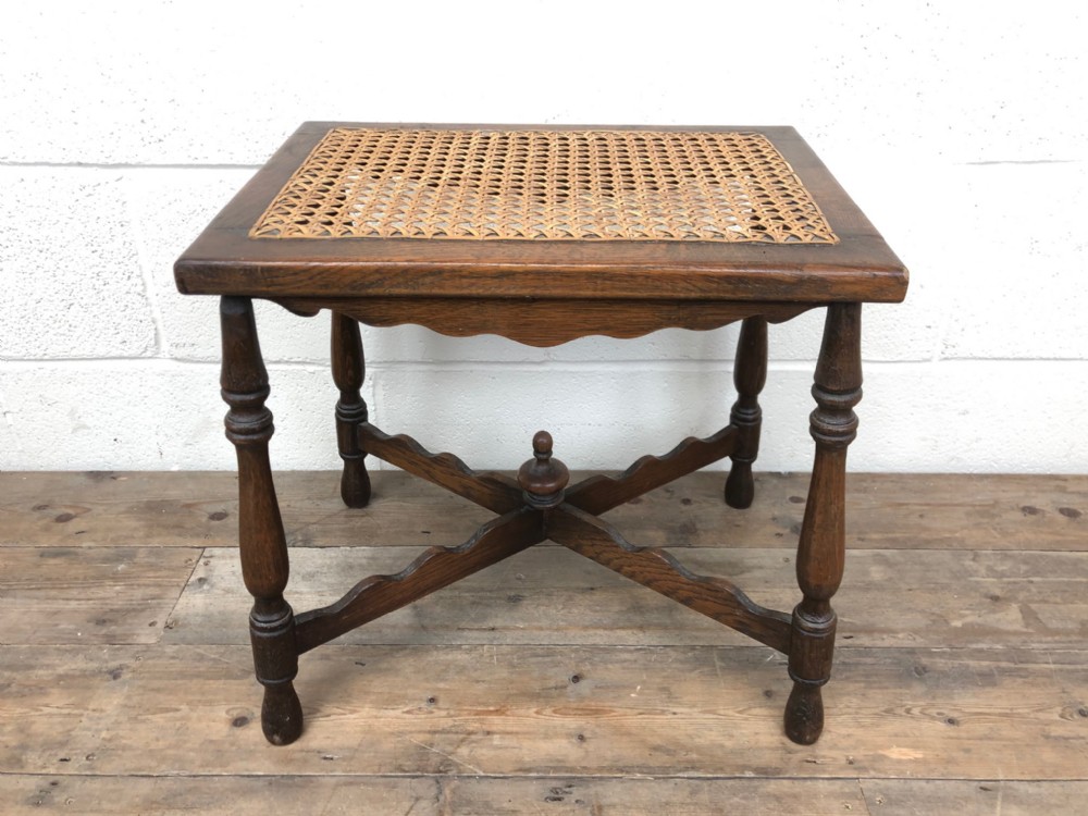 Antique Edwardian Oak X Frame Stool with Cane Seat