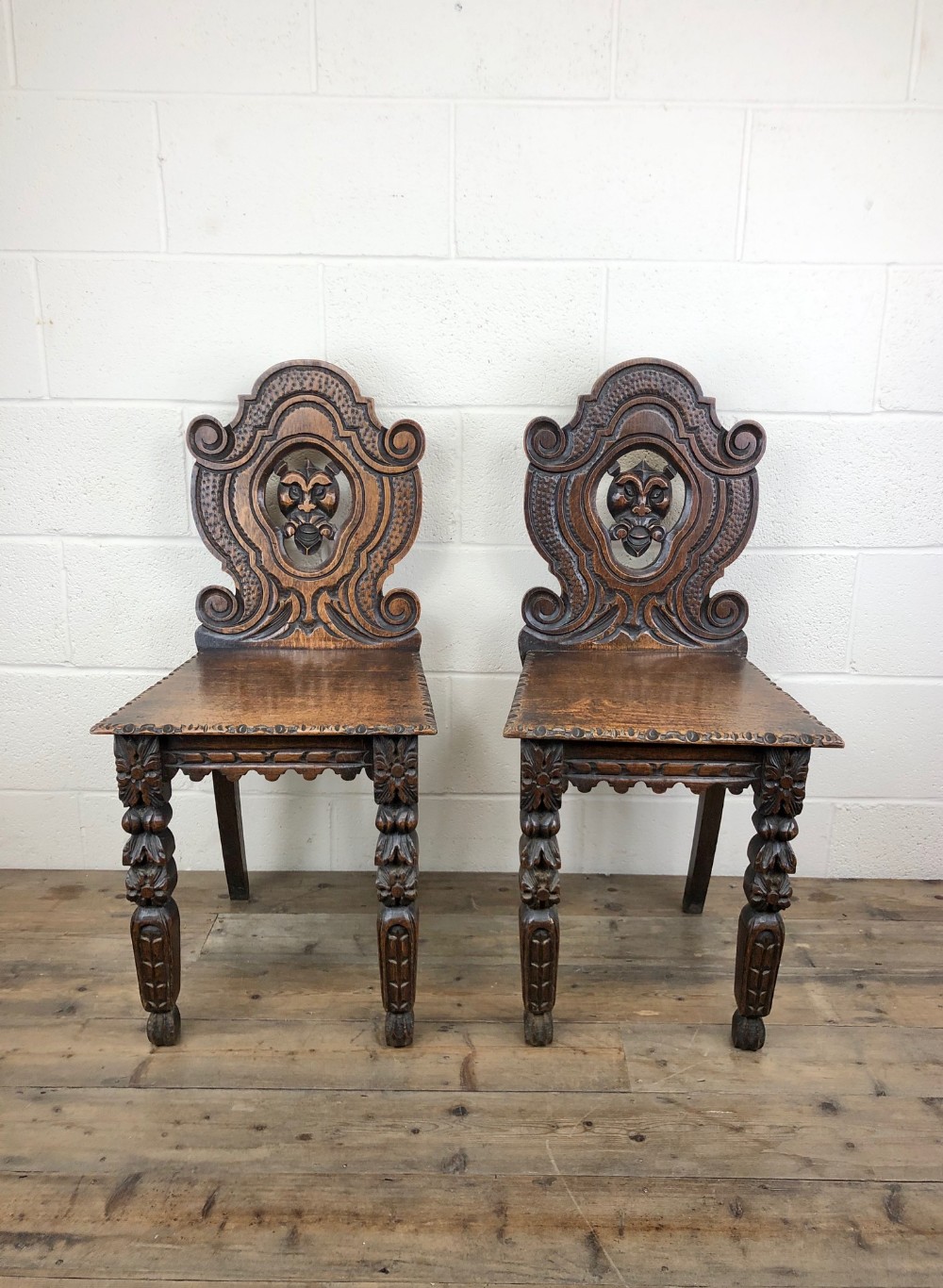 Pair of Antique Carved Oak Hall Chairs