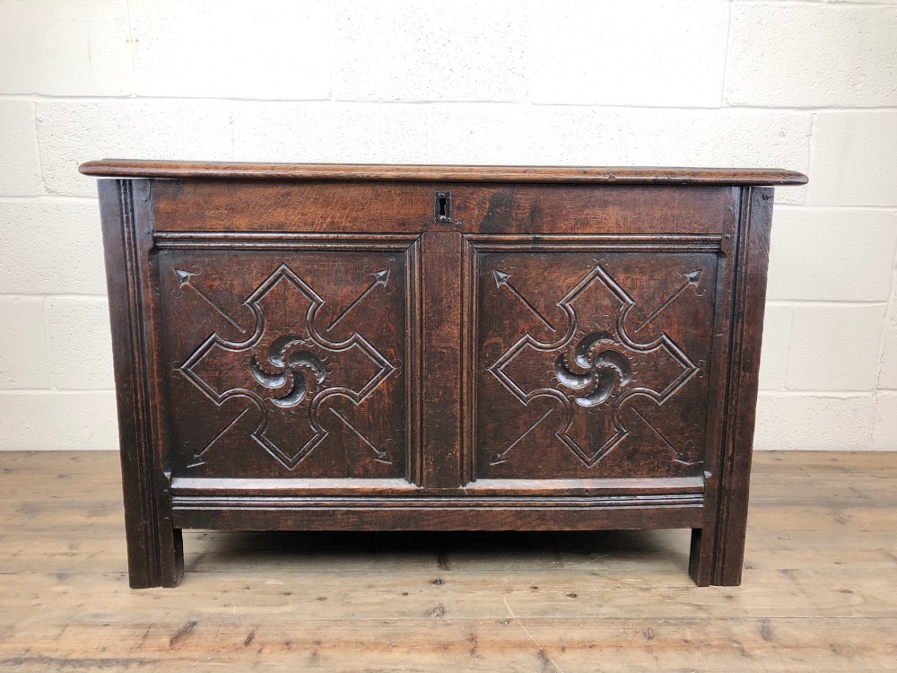 Antique 18th Century Welsh Oak Coffer with Carved Front
