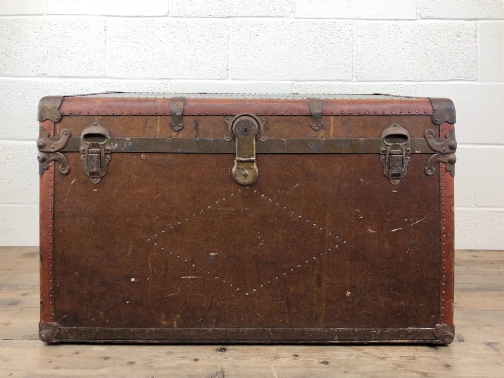 Vintage Metal Bound Leather Steamer Trunk