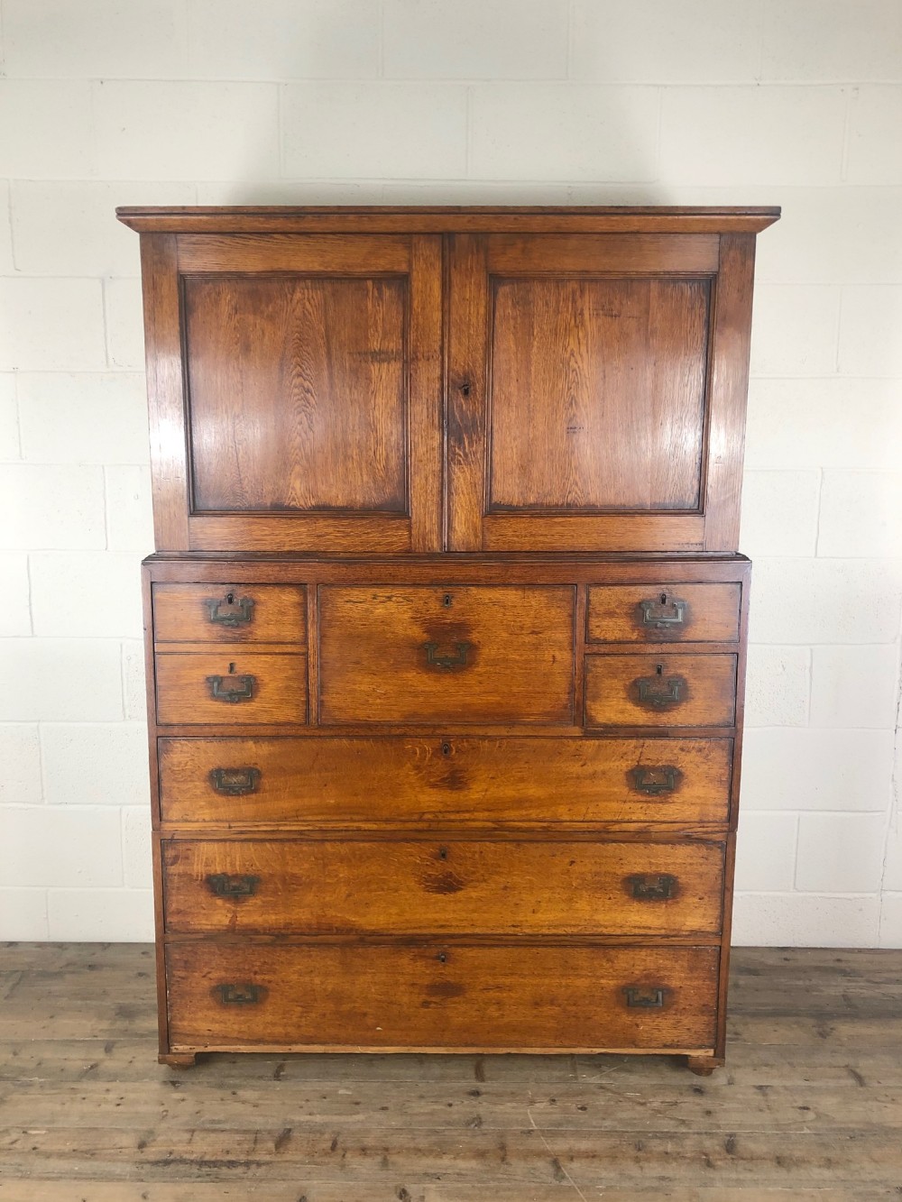 Antique 19th Century Oak Campaign Chest with Cupboard