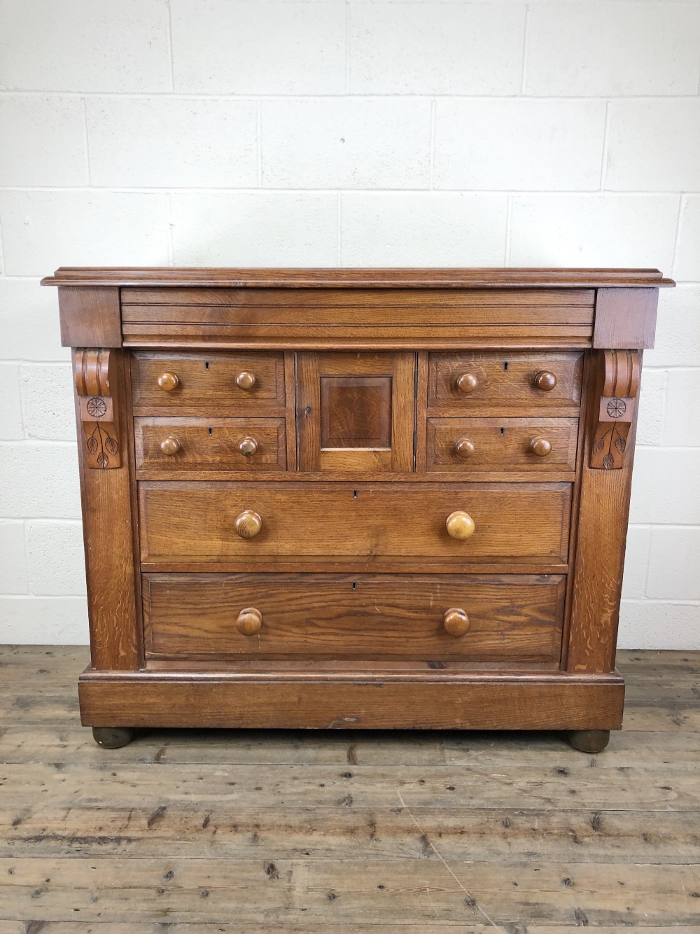 Unusual Large Antique Oak Chest of Drawers with Cupboard