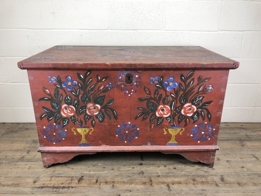Large Decorative Antique Painted Pine Trunk or Chest