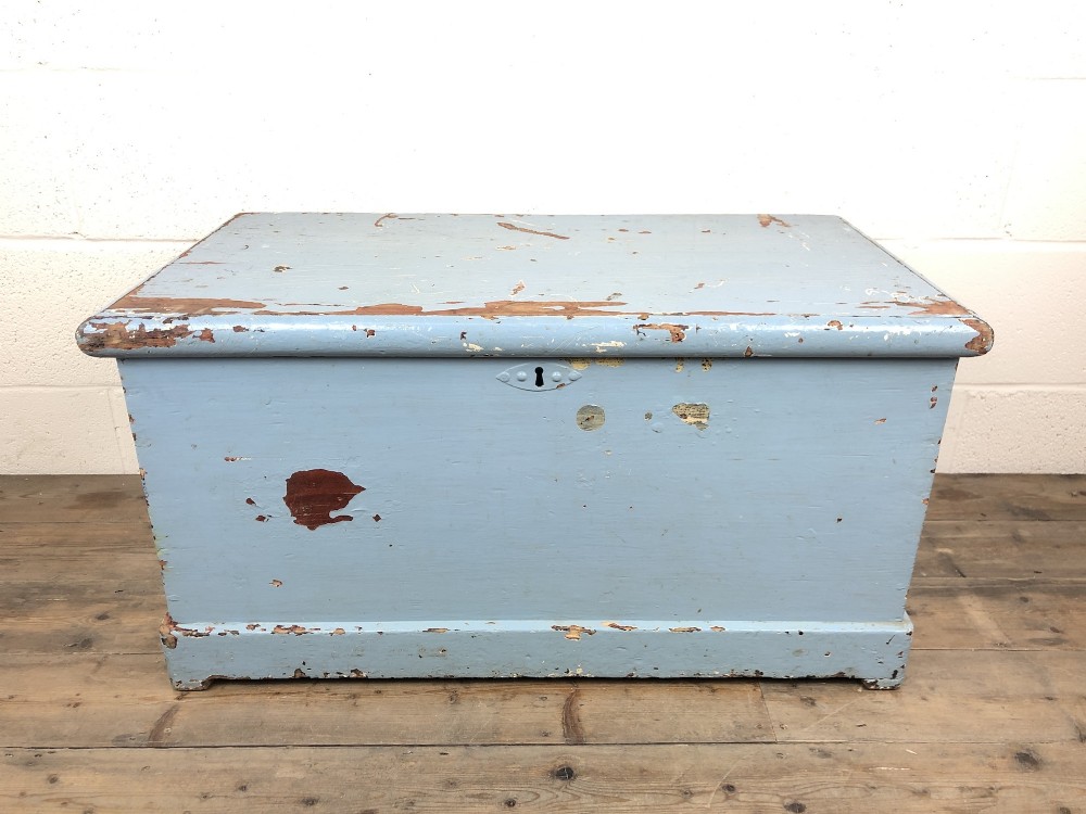 Victorian Blue Painted Pine Trunk with Original Receipt 