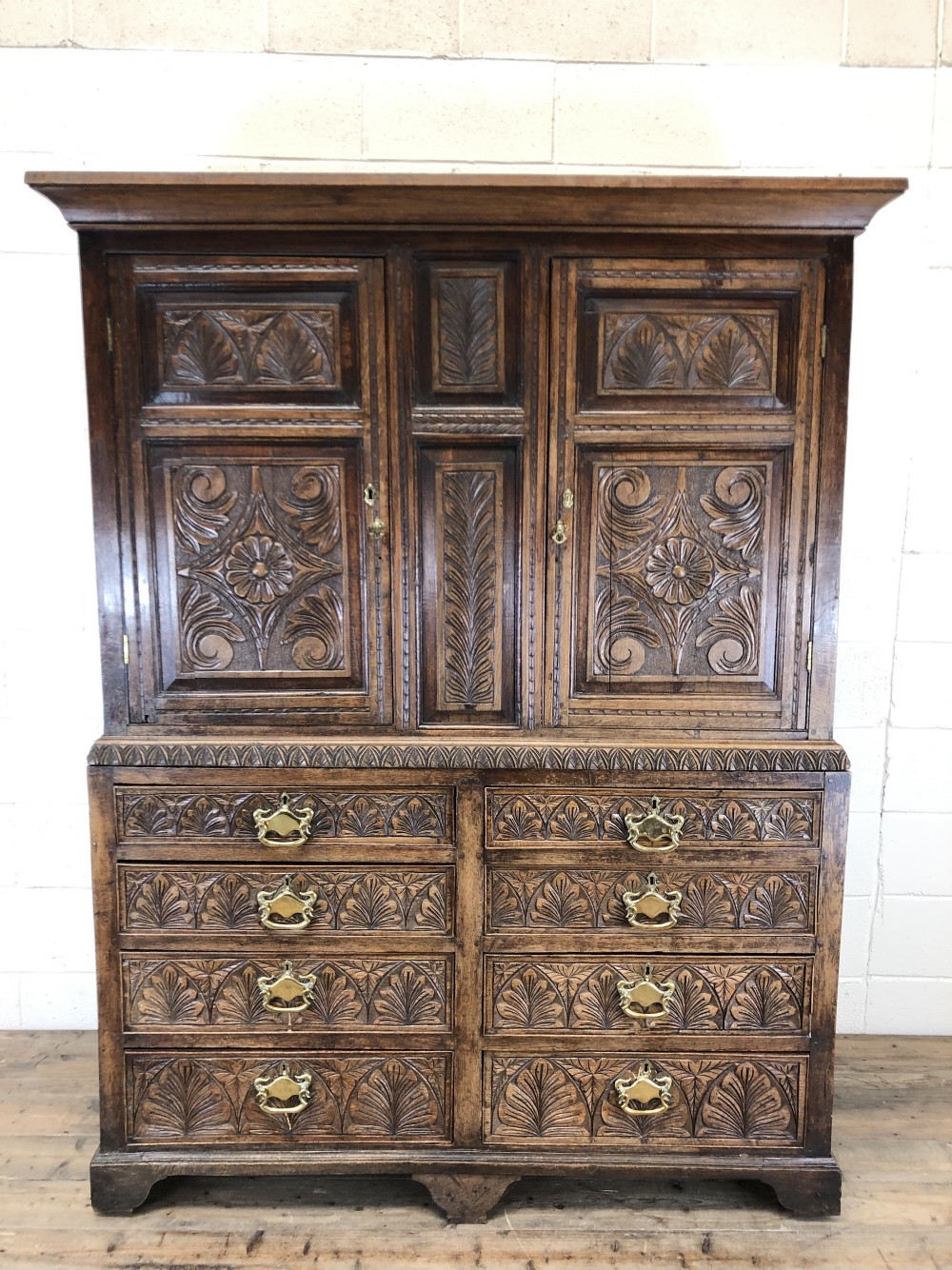 Large Antique Heavily Carved Oak Linen Press Cupboard