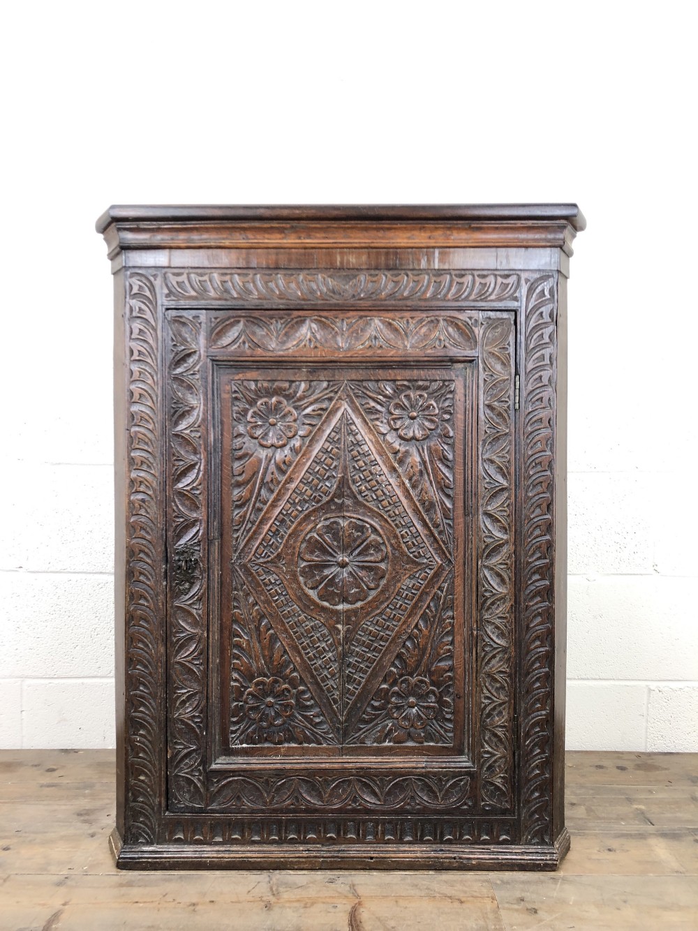 18th Century Carved Oak Wall Hanging Corner Cupboard