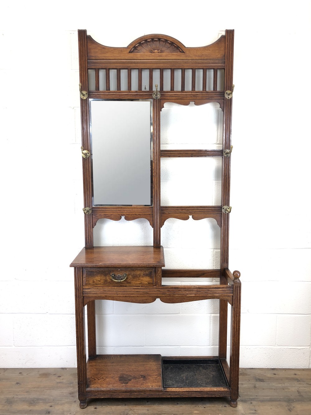 Antique Oak Arts & Crafts Mirrored Hall Stand