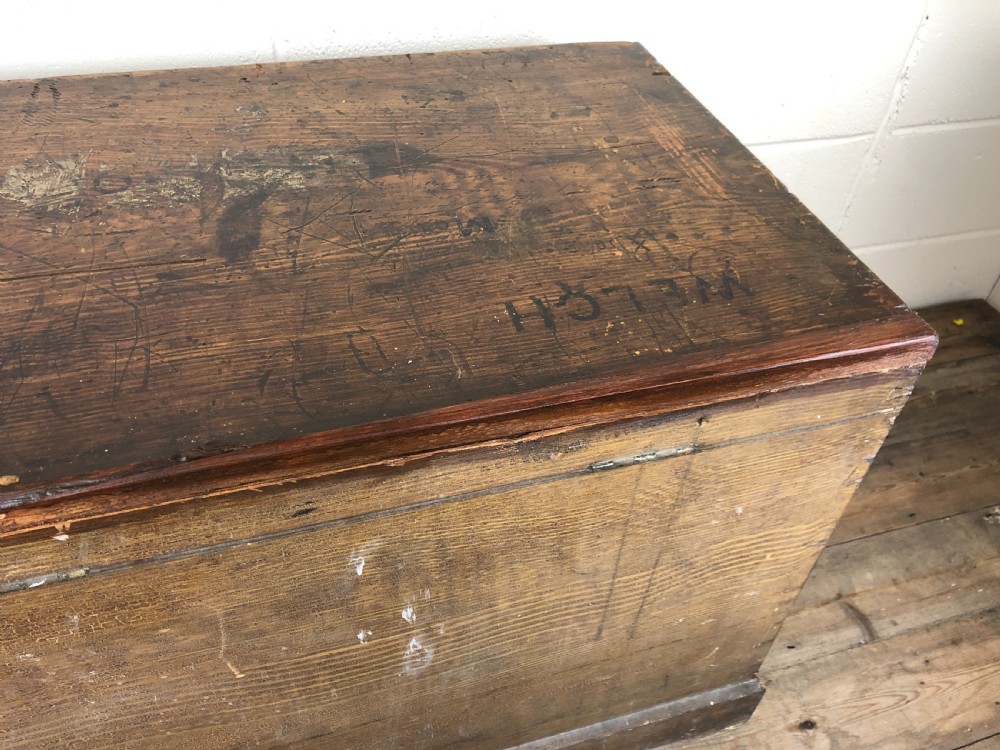 Antique Stained Pine Welch British Army Trunk  View XII