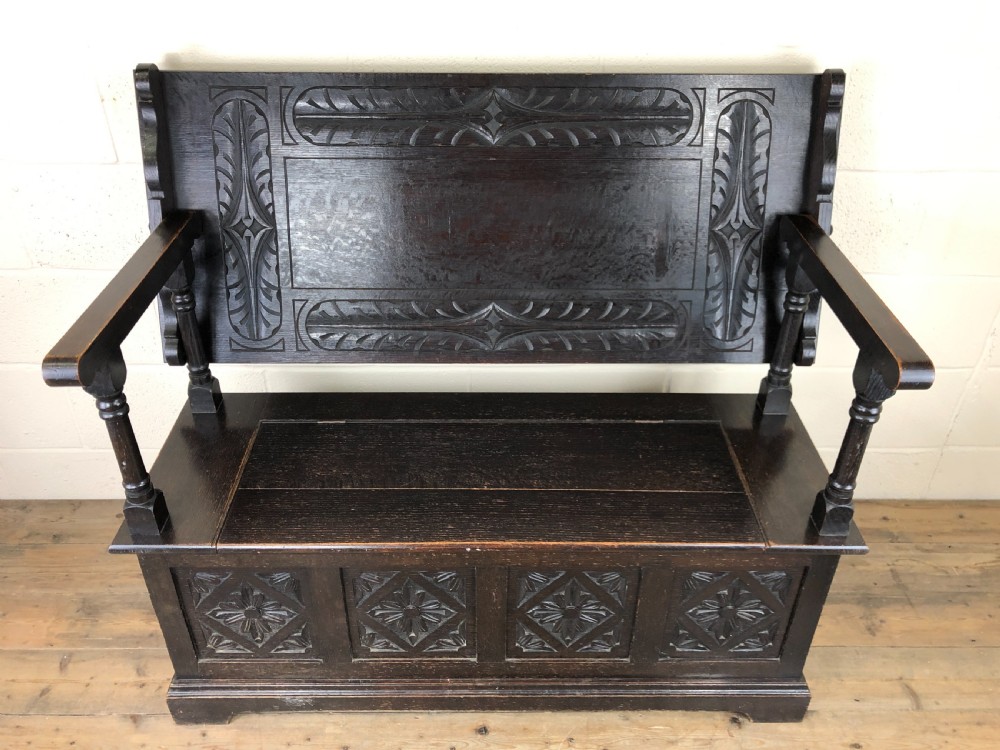 Early 20th Century Stained Oak Monk’s Bench  View II